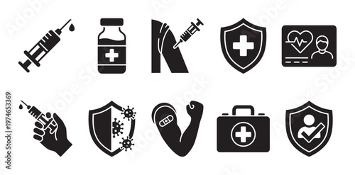 This black and white graphic collection features various icons related to medicine, healthcare, vaccination, and virus protection, perfect for health-related designs.