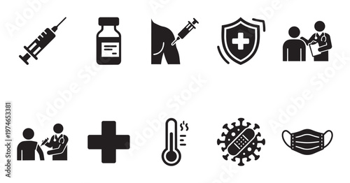 A clean and modern collection of black and white icons representing various medical and healthcare concepts, perfect for informational graphics and presentations.