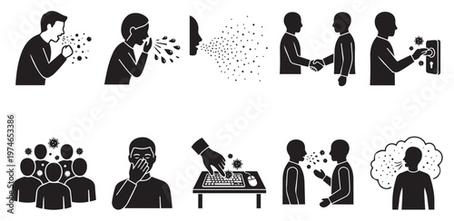 Collection of black and white icons illustrating ways sickness and germs can spread and be prevented, such as coughing, touching surfaces, and avoiding close contact.