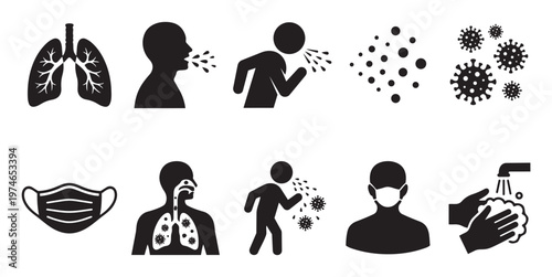 A collection of black and white icons illustrating medical concepts related to viruses, including lungs, coughing, and handwashing, useful for health and safety information.