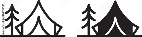 Tent and pine trees icon set in outline and silhouette styles for camping