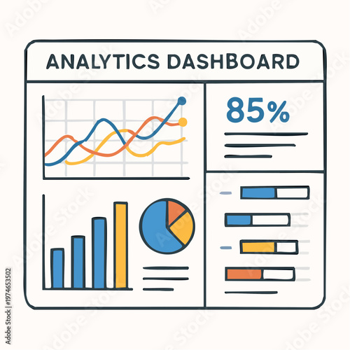 A vector graphic illustration of an analytics dashboard with various charts and graphs
