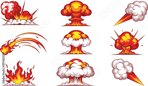 Collection of Explosive Fire and Smoke Effects with Mushroom Clouds and Fireballs for Action, Impact, and Graphic Design Projects
