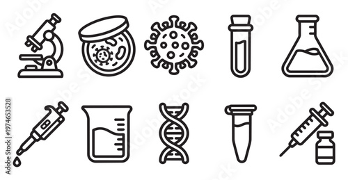 A clean, modern vector set of science and medical icons including a microscope, petri dish, virus, test tubes, flask, pipette, beaker, DNA, and syringe.