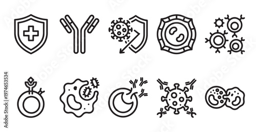 A set of line art icons representing the immune system, including antibodies, viruses, and different types of immune cells, illustrating cellular defense.