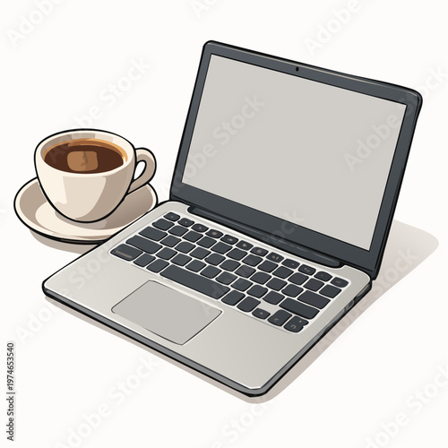 A vector graphic illustration of a laptop and a cup of coffee