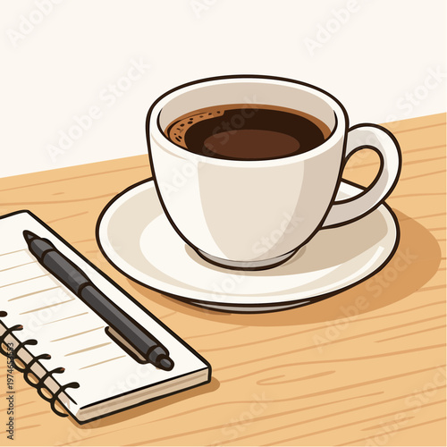 A vector graphic illustration of a cup of coffee and notebook on a desk
