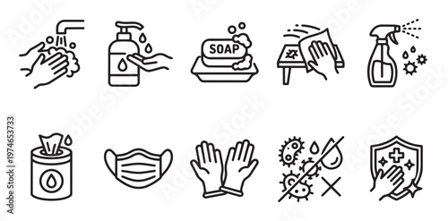 A collection of clean line icons depicting hygiene practices like hand washing, using sanitizer, wearing masks, and protection against germs, suitable for health and safety information.