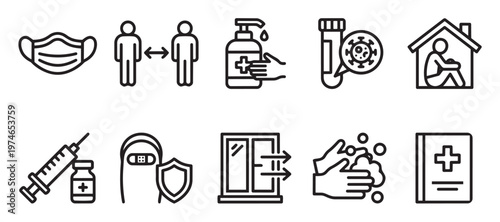 Collection of simple line icons representing COVID-19 prevention measures like masks, social distancing, sanitization, and vaccination for healthcare and safety themes.
