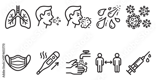 Simple line art icons illustrate Covid 19 virus, symptoms like coughing and sneezing, transmission, global spread, and prevention methods such as social distancing and no handshakes.
