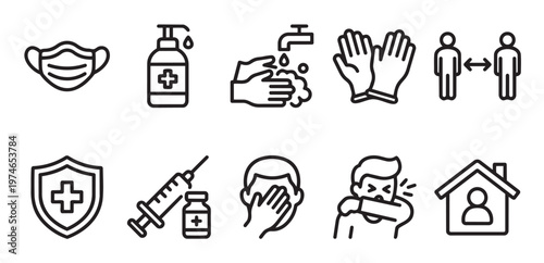 A collection of simple black outline icons illustrating health and safety measures, including mask, sanitizer, handwashing, social distancing, and vaccination for protection against viruses.