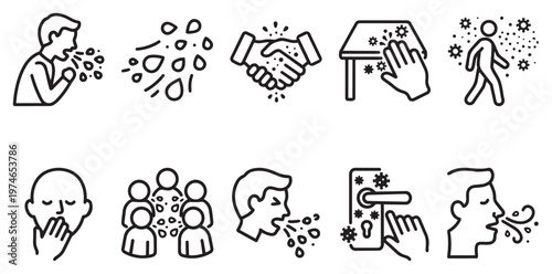 Set of simple line icons depicting health and safety behaviors like coughing, sneezing, shaking hands, sanitizing surfaces, and social distancing to prevent disease spread.