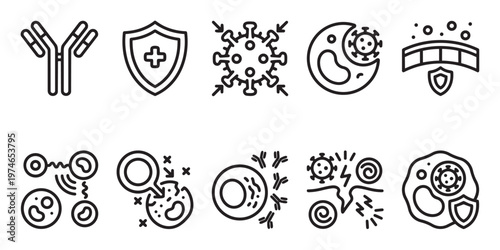 This medical illustration depicts antibodies neutralizing viruses and bacteria, representing cellular defense and immunity against pathogens in a clean, graphic style.