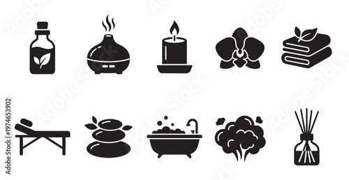 A collection of black silhouette icons representing spa and wellness elements such as essential oil, diffuser, candle, orchid, towels, massage table, hot stones, bathtub, steam, and diffuser sticks.