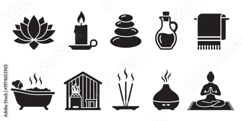 A collection of black and white icons representing various spa and wellness elements including a lotus flower, candle, hot stones, oil, towel, bath, sauna, incense, diffuser, and meditating person.