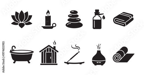 Collection of black silhouette icons representing various spa and wellness elements including a lotus flower, candle, hot stones, and aromatherapy diffuser.
