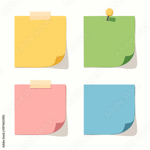 A colorful set of sticky notes with tape and pin on a white background