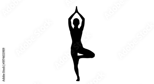Silhouette of a woman performing a yoga tree pose, emphasizing balance and mindfulness.