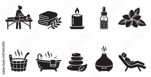 A collection of black minimalist icons representing various spa and wellness treatments, including massage, aromatherapy, and relaxation.