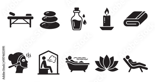 A collection of black and white icons representing various spa and wellness activities, including massage, hot stones, aromatherapy, and relaxation.
