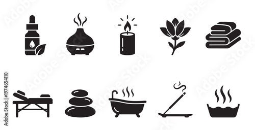 A clean, modern collection of black spa and wellness icons including a massage table, aromatherapy diffuser, and hot stones.