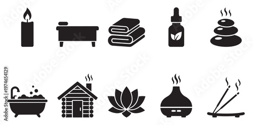 A collection of black spa icons representing relaxation and wellness, including a candle, massage table, towels, essential oil, hot stones, bathtub, sauna, lotus, diffuser, and incense.