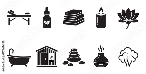 A collection of black vector icons representing spa and wellness elements like massage table, oil, towels, candle, lotus, bathtub, sauna, stones, diffuser and steam.