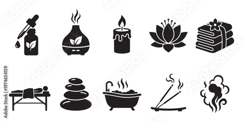 A collection of black icons representing spa and wellness services including massage, aromatherapy, hot stones, and bathing.