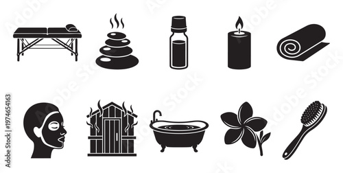 Collection of black silhouette icons representing spa and wellness treatments, including a massage table, hot stones, oil, candle, towel, face mask, sauna, bathtub, flower, and brush.