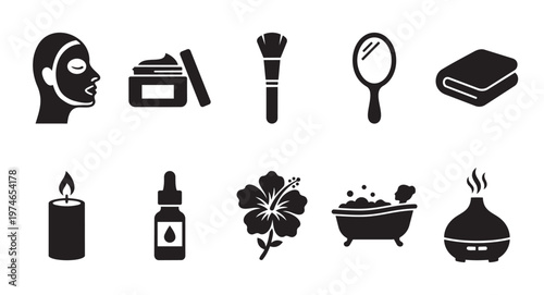 A collection of minimalist black icons representing various spa and beauty treatments, including a face mask, cream, brush, mirror, towel, candle, serum, flower, bathtub, and diffuser.