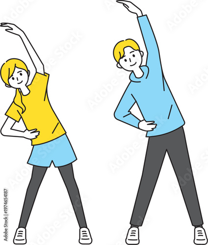 健康のためストレッチをする若い男女