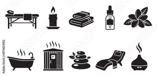 A collection of black silhouette icons representing spa, wellness, and relaxation services including a massage table, candle, towels, oil, flower, bath, sauna, stones, lounge chair, and diffuser.
