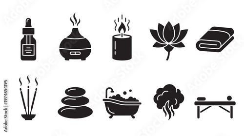 A collection of black silhouette icons representing spa and wellness elements including essential oil, diffuser, candle, lotus, towel, incense, stones, bathtub, steam, and massage table.