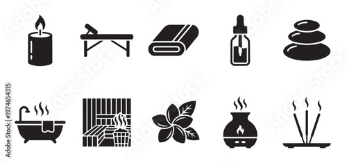 A collection of black and white graphic icons representing spa and wellness treatments and items for relaxation and self-care.