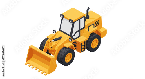 Isometric yellow wheel loader with a front loader bucket, perfect for construction, engineering, and industrial design projects