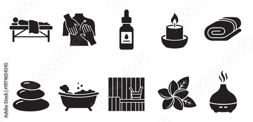 A collection of black and white flat icons representing various spa, wellness, and relaxation elements, perfect for digital or print design use.