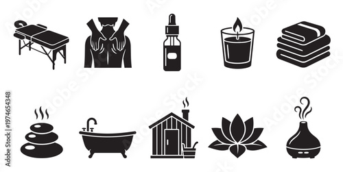 A collection of minimalist black icons representing spa treatments, relaxation, and wellness, including a massage table, hot stones, and a lotus flower.