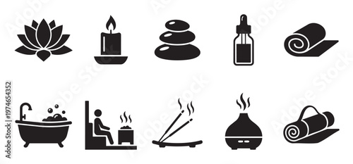 This set of black icons represents various elements of spa and wellness, including a lotus flower, candle, hot stones, essential oil bottle, rolled towel, bathtub, sauna, incense, and diffuser.