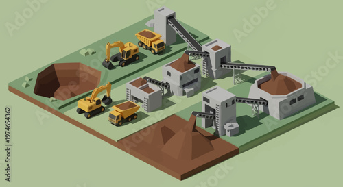Isometric illustration of a mining and construction site with excavators and dump trucks, showcasing industrial infrastructure and earthmoving operations