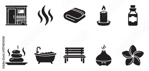 A collection of black and white vector icons representing spa and relaxation elements, including a sauna, steam, towels, candle, oil, bathtub, bench, diffuser, and flower.