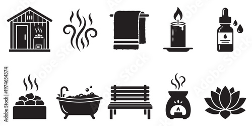 Collection of black and white icons representing spa and wellness elements like sauna, hot stones, bath, candle, and lotus flower for relaxation and self-care themes.