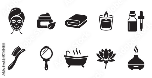 A collection of simple black vector icons representing spa and wellness elements like a towel, candle, massage table, stones, face mask, bathtub, sauna, orchid, and diffuser.