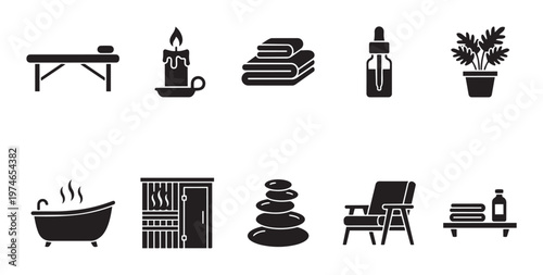 A collection of black silhouette icons representing various spa and wellness elements, including a massage table, candle, towels, and more.