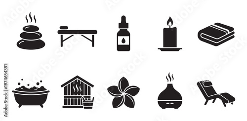 A collection of black and white vector icons representing various spa and wellness elements for relaxation and self-care.