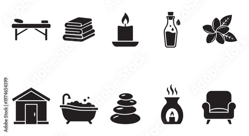 A collection of black minimalist icons representing spa and wellness elements, including a massage table, towels, candle, oil, flower, sauna, bathtub, hot stones, diffuser, and armchair.