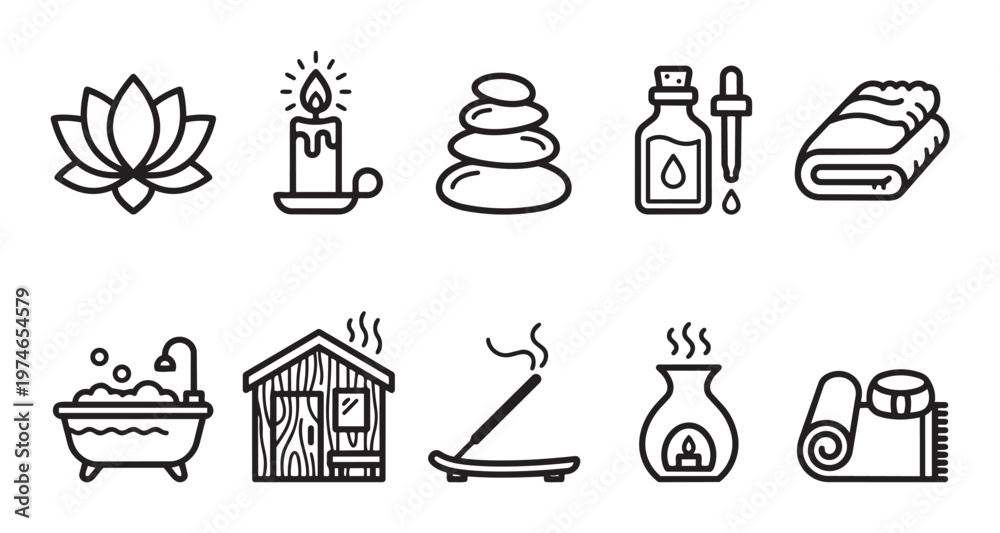 Fototapeta premium A clean, line-art vector icon set featuring elements for spa, massage, and relaxation, including a massage table, hot stones, bath, and aromatherapy diffuser.