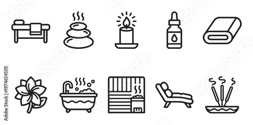 Collection of simple line art icons representing various spa and wellness elements like massage bed, hot stones, candle, oil, towel, flower, bath, sauna and incense.