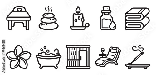 A collection of clean line art icons representing spa and wellness elements, including a massage table, hot stones, candle, oil, towels, flower, bathtub, sauna, lounge chair, and incense.