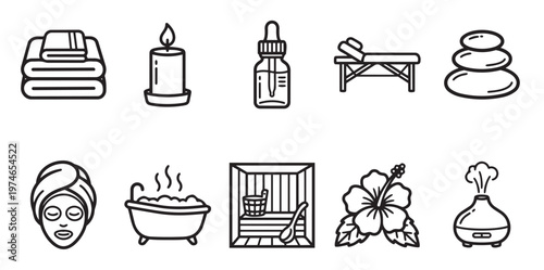 A collection of black and white line art icons representing various spa and wellness elements like facials, massage, and relaxation.