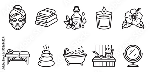A collection of black and white line art icons representing various spa and wellness elements like facials, massage, and relaxation.